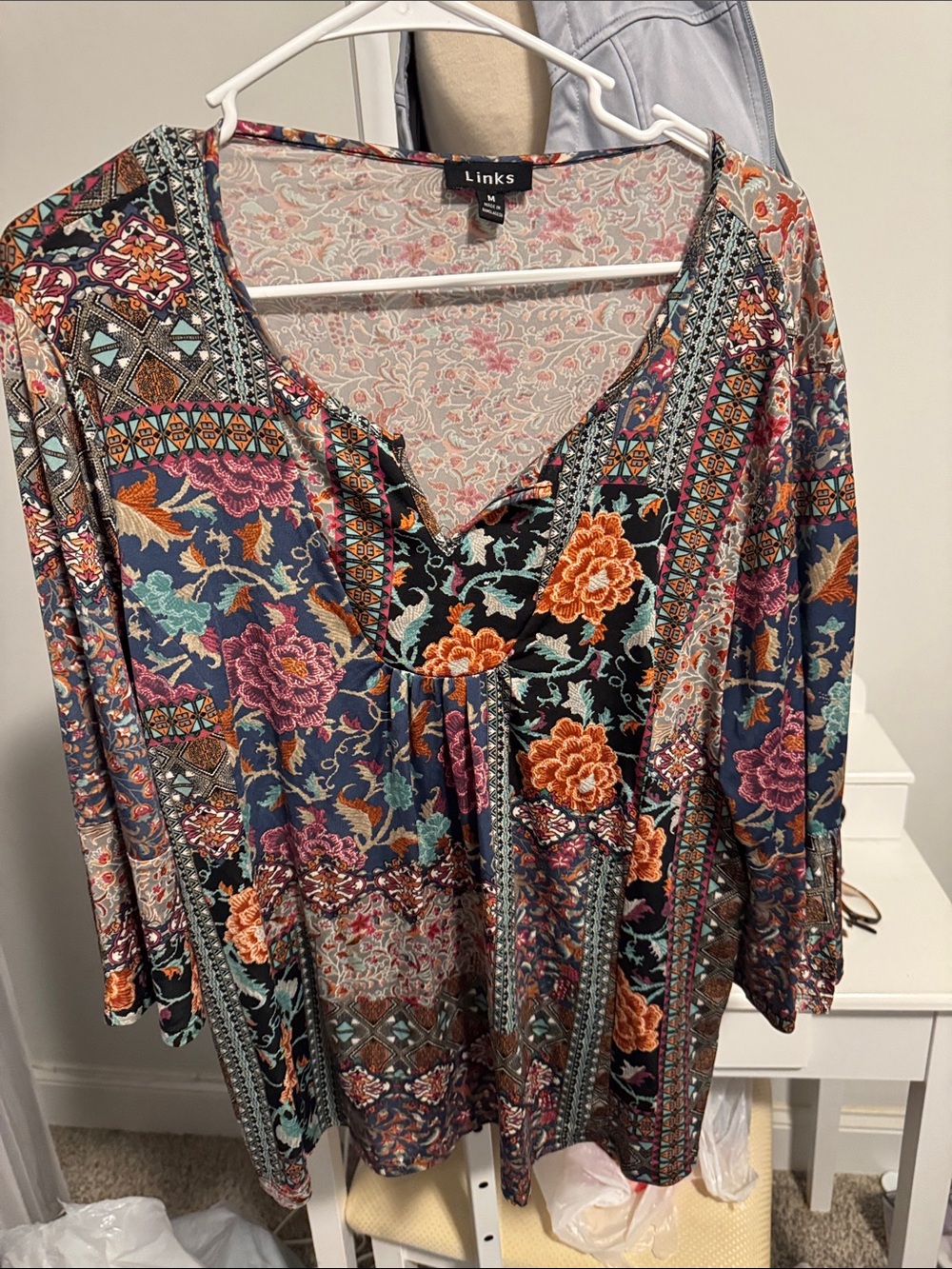 Link Floral Patchwork V-Neck Tunic in Navy, Orange, Purple
